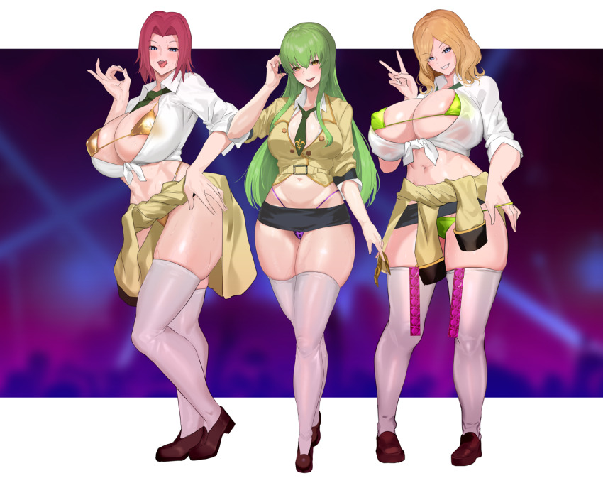 3girls aji_(sakanaaj1) amesuku_gyaru animal_print areola_slip ashford_academy_school_uniform bikini bikini_under_clothes blonde_hair blue_eyes blush bra breasts c.c. clothes_around_waist code_geass condom condom_wrapper_in_clothes condom_packet_strip condom_wrapper gold_bikini green_hair gyaru highres jacket jacket_around_waist kogal kouzuki_kallen large_breasts leopard_print long_hair looking_at_viewer medium_breasts microskirt milly_ashford multiple_girls navel open_mouth red_hair school_uniform short_hair skirt smile swimsuit thick_thighs thighhighs thighs tongue tongue_out underwear v yellow_eyes