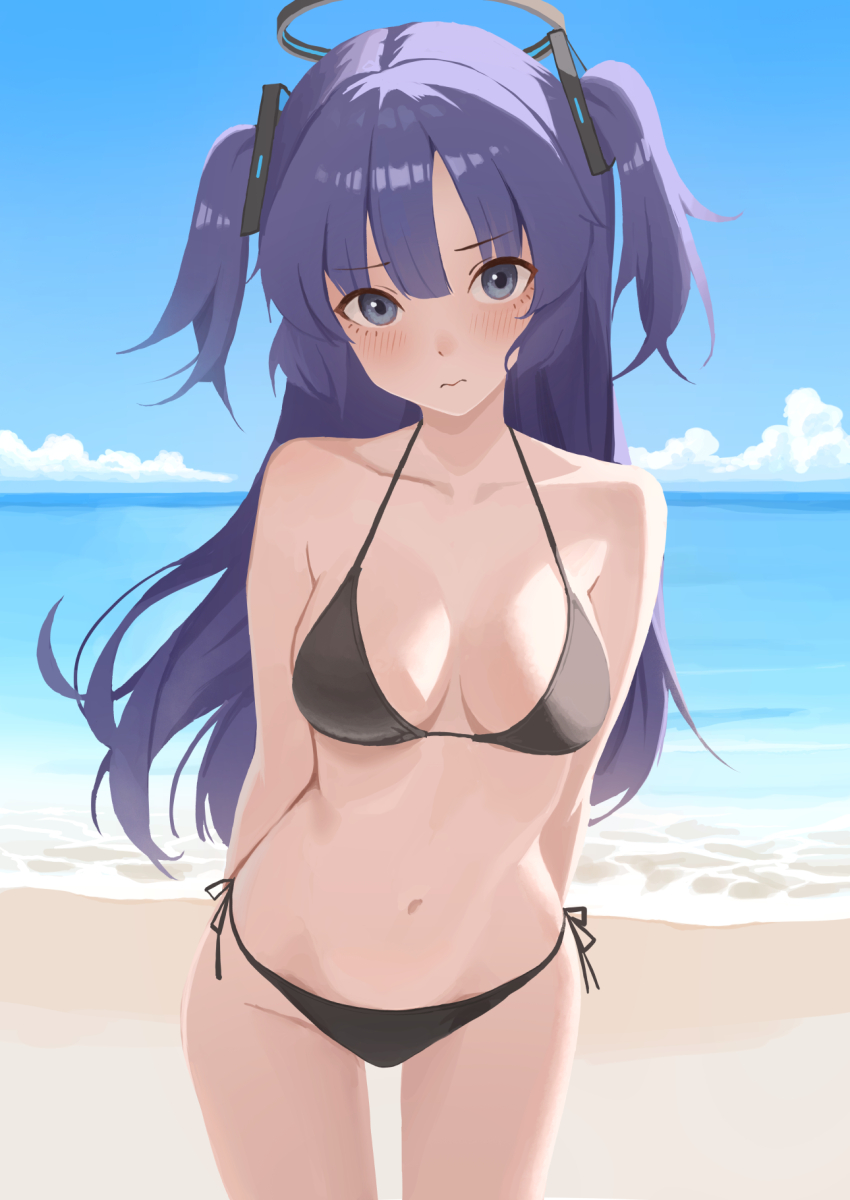 1girl arms_behind_back bare_shoulders beach bikini black_bikini blue_archive blue_eyes blush breasts closed_mouth cloud cloudy_sky collarbone commentary_request day hair_ornament halo highres long_hair looking_at_viewer mechanical_halo navel ocean outdoors purple_hair remon_popu side-tie_bikini_bottom sky solo stomach swimsuit triangle_hair_ornament two_side_up yuuka_(blue_archive)