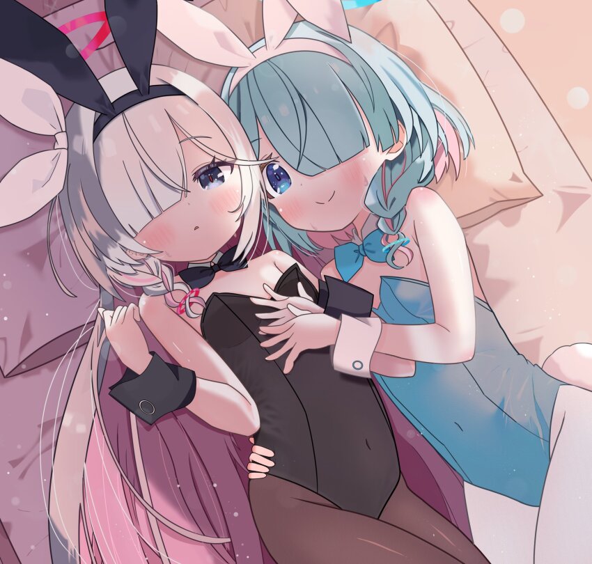 2girls alternate_costume animal_ear_hairband animal_ears arona_(blue_archive) bare_shoulders bed_sheet black_bow black_bowtie black_hairband black_leotard black_pantyhose black_wrist_cuffs blue_archive blue_bow blue_bowtie blue_eyes blue_hair blue_leotard blush bow bowtie braid closed_mouth collar colored_inner_hair commentary_request covered_navel detached_collar fake_animal_ears fake_tail grey_eyes grey_hair hair_over_one_eye hairband hand_on_another's_hip highres leotard long_hair looking_at_viewer lying masushi_masashi multicolored_hair multiple_girls on_back panties pantyhose parted_lips pillow pink_hair plana_(blue_archive) playboy_bunny rabbit_ears rabbit_tail smile strapless strapless_leotard tail underwear very_long_hair white_collar white_hairband white_panties white_wrist_cuffs wrist_cuffs