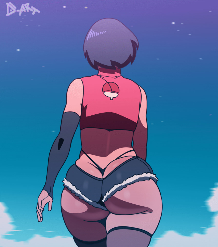 1girl alternate_costume animated animated_gif asian ass ass_focus bare_shoulders black_gloves black_hair black_panties black_thighhighs blue_background boruto:_naruto_next_generations bouncing_ass bouncing_hair butt_crack cloud cloudy_sky crop_top curvy d-art elbow_gloves faceless faceless_female female_focus from_behind g-string gloves highres huge_ass jiggle looping_animation micro_shorts naruto_(classic) naruto_(series) night panties red_shirt revealing_clothes shirt short_shorts shorts sky sleeveless sleeveless_shirt solo star_(sky) swing swinging thick_thighs thighhighs thighs thong tight_clothes uchiha_sarada uchiha_symbol underwear walking wedgie whale_tail_(clothing) wide_hips