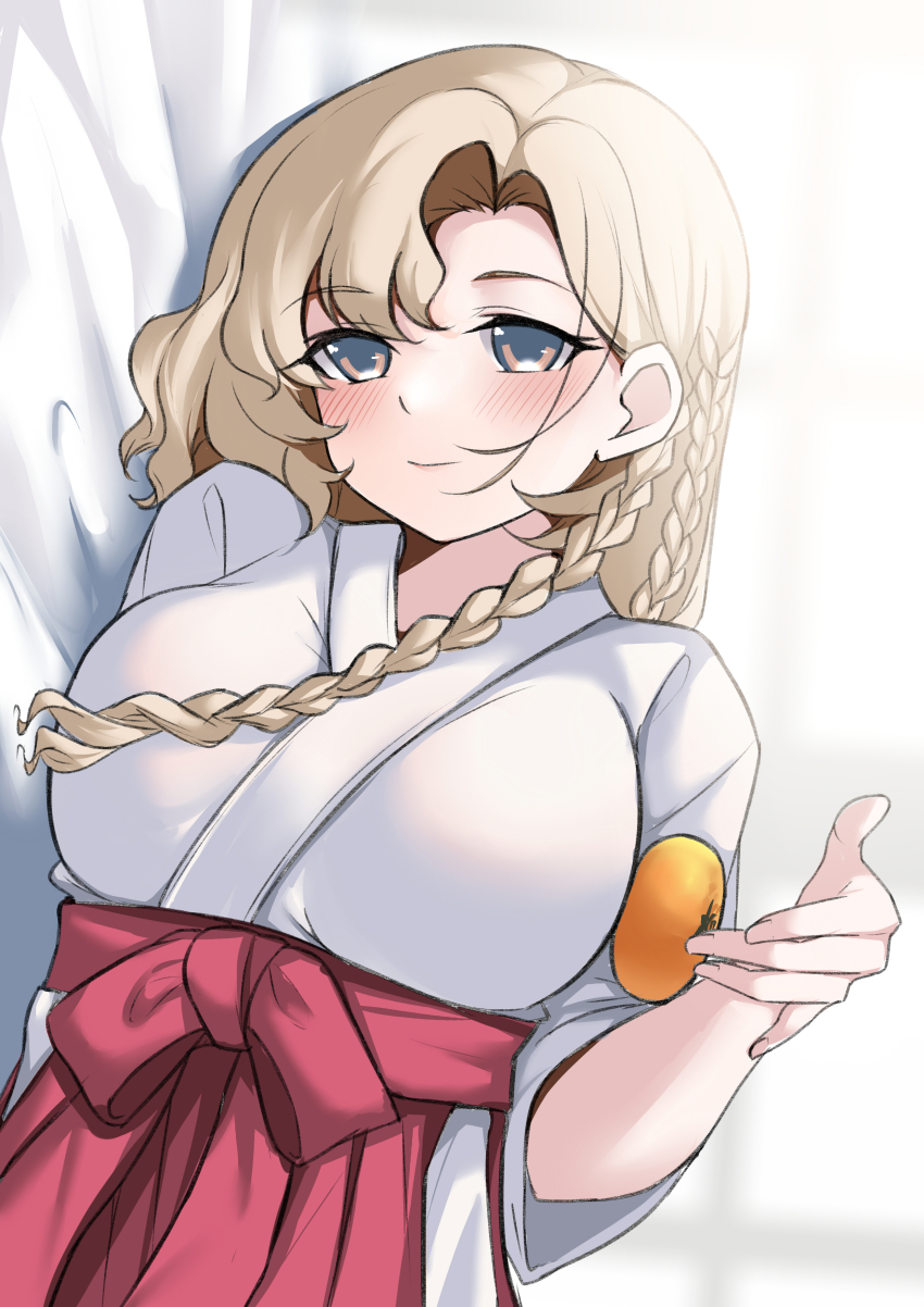 1girl absurdres asymmetrical_hair blonde_hair braid breasts commentary eidsvold_(kancolle) eidsvold_(miko)_(kancolle) food fruit grey_eyes hakama highres japanese_clothes jiangyou_dang kantai_collection kimono large_breasts long_hair lying mandarin_orange on_side oppai_mochi red_hakama side_braids sideways_glance solo twin_braids white_kimono