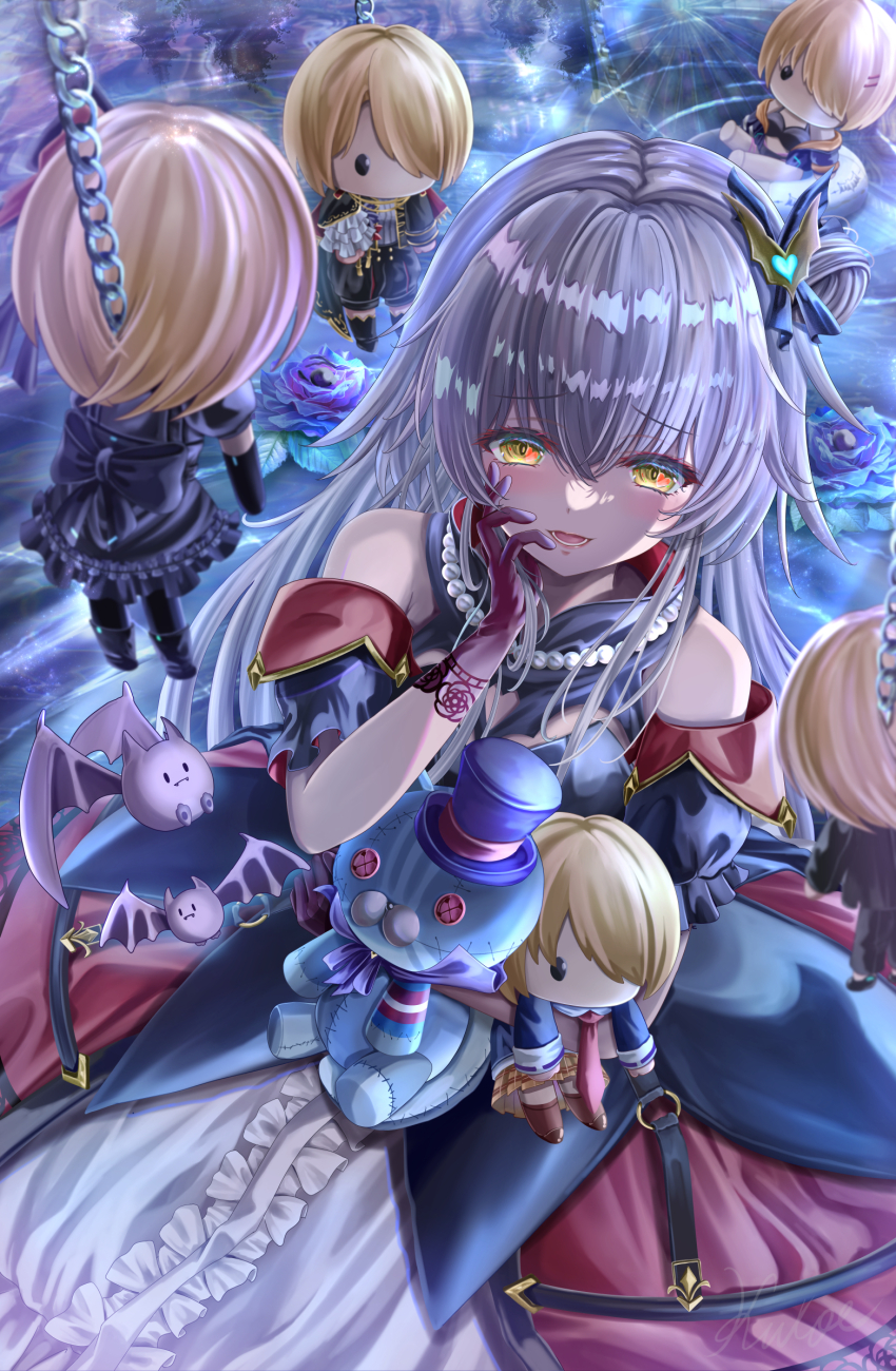 1girl bare_shoulders bat_(animal) black_dress black_gloves blonde_hair blue_flower blue_rose blush bow chain character_doll charlotta_skopovskaya clothing_cutout commentary_request crane_game crossed_bangs detached_sleeves doll dress flower frilled_dress frills gloves grey_hair hair_between_eyes hair_ornament hand_on_own_cheek hand_on_own_face heaven_burns_red highres holding holding_doll hugging_doll hugging_object implied_yuri jewelry kayamori_ruka kuroe_maruru lolita_fashion long_hair looking_down necklace open_mouth pearl_necklace red_gloves rose short_sleeves smile solo stuffed_animal stuffed_toy swing yellow_eyes