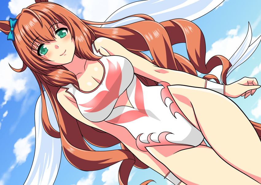 1girl angel_leotard animal_ears bare_shoulders blush bow breasts brown_hair cleavage closed_mouth cloud collarbone commentary_request ear_bow green_eyes hair_between_eyes highleg highres horse_ears horse_girl horse_tail large_breasts leotard long_hair looking_at_viewer maruzensky_(umamusume) sky smile solo tail umamusume yuuyuu_(3jjbn)