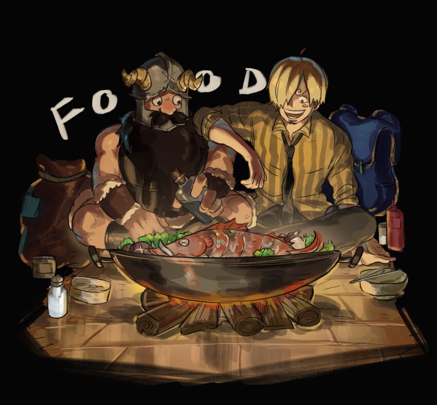 2boys :d beard blonde_hair blush_stickers bowl chopsticks cooking cooking_pot crossover dungeon_meshi dwarf english_text facial_hair fake_horns fire firewood food helmet highres horned_helmet horns long_beard male_focus mrjieshisu multiple_boys mushroom mustache one_piece open_mouth salt_shaker sanji_(one_piece) senshi_(dungeon_meshi) shiitake side-by-side sitting smile thick_mustache trait_connection very_long_beard wok