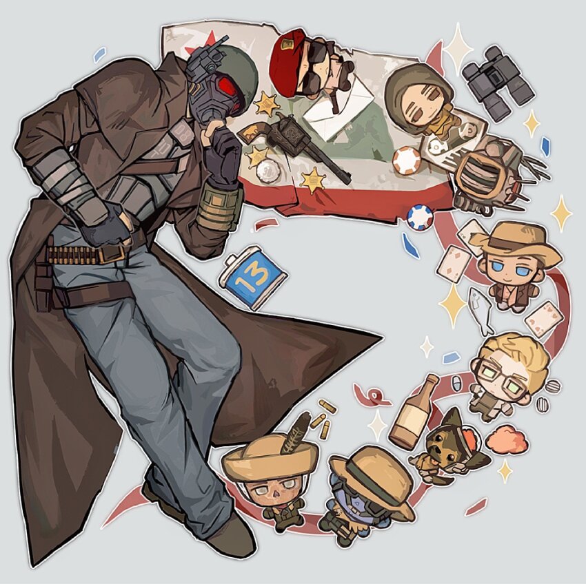 1other 3boys 3girls animal arcade_gannon armor bandolier belt beret binoculars black_gloves blonde_hair blue_background blue_eyes blue_pants blue_skin breastplate brown_coat brown_hat bullet canteen card chibi coat colored_skin cowboy_hat craig_boone dog ed-e fallout fallout:_new_vegas full_body gas_mask glasses gloves green_eyes grey_eyes gun handgun hashtag-only_commentary hat helmet highres hood hood_up lily_bowen long_coat mask multiple_boys multiple_girls ncr_veteran_ranger new_california_republic_flag pants partially_fingerless_gloves pip_boy raul_tejada red_hat revolver rex_(fallout:_new_vegas) robot rose_of_sharon_cassidy sheriff_badge short_hair sunglasses trench_coat veronica_santangelo weapon yqqqqa