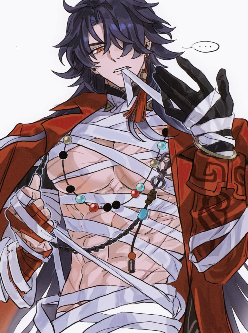 ... 1boy abs ammi_(mayflyaa) bandages beads biting blade_(elation)_(honkai:_star_rail) blade_(honkai:_star_rail) blue_hair commentary double-parted_bangs english_commentary gloves hair_over_one_eye highres honkai:_star_rail honkai_(series) jacket jewelry long_hair necklace open_clothes open_jacket pectorals red_eyes red_jacket scar single_glove toned toned_male very_long_hair