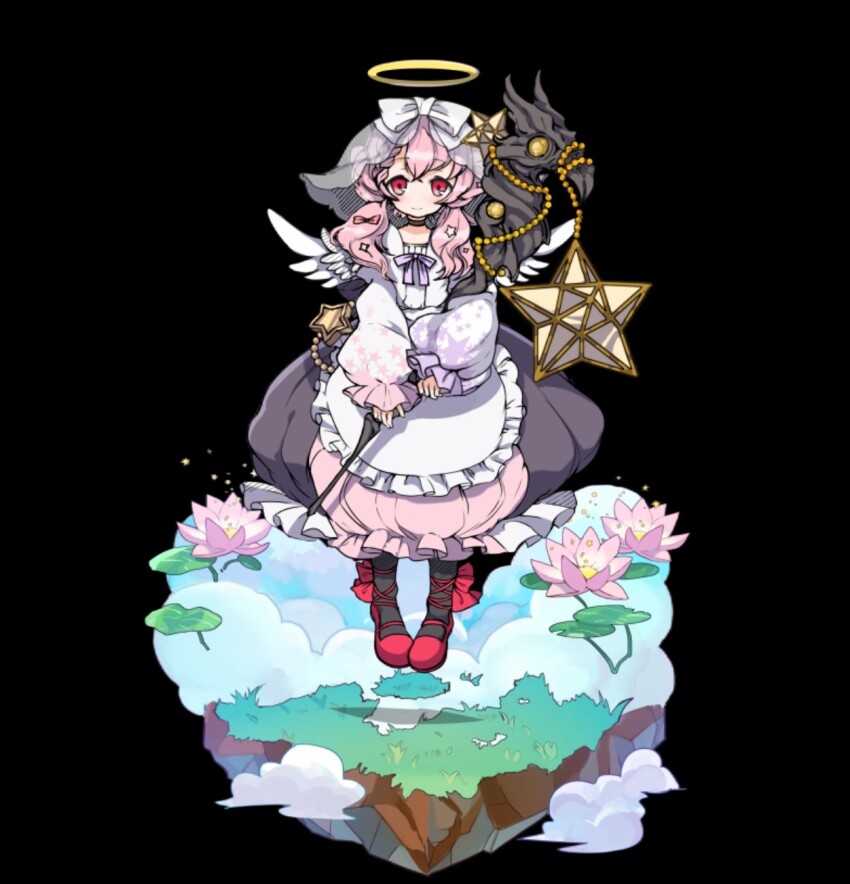 1girl angel angel_wings apron black_background black_pantyhose blush breasts choker closed_mouth cloud dress feathered_wings flower flying frilled_apron frilled_dress frills full_body grey_choker hair_between_eyes halo highres holding holding_staff leaf long_hair long_sleeves looking_at_viewer lotus mary_janes merc_storia merc_storia_art_team official_art pantyhose pink_eyes pink_flower pink_hair pistia_(merc_storia) red_shoes shoes simple_background small_breasts smile solo staff star_(symbol) tachi-e tareme veil waist_apron white_dress white_wings wings