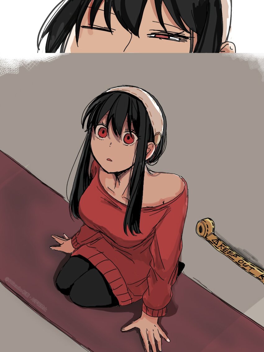 1girl 646nacho bare_shoulders black_hair breasts cleavage dress earrings gold_earrings hairband highres jewelry large_breasts long_hair off-shoulder_sweater off_shoulder red_eyes red_sweater sidelocks solo spy_x_family sweater white_hairband yor_briar