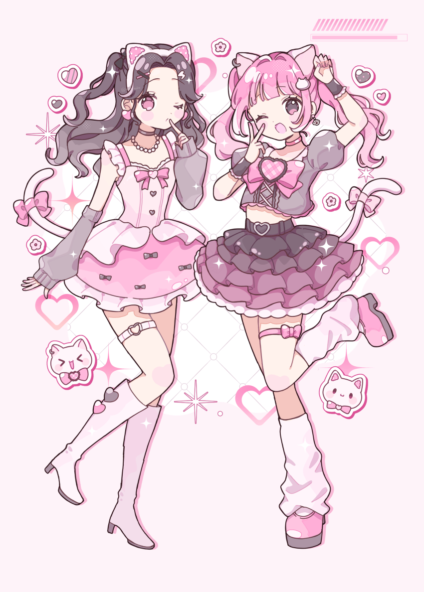>_< 2girls ;d absurdres animal_ear_hairband animal_ears arm_up arm_warmers black_shirt black_skirt blunt_bangs blush_stickers boots bow bowtie brown_hair cat cat_ear_hairband cat_ears cat_girl cat_hair_ornament cat_tail closed_mouth commentary dosukoi_(nagihoko) dot_nose dress earrings english_commentary fake_animal_ears frilled_skirt frills full_body grey_arm_warmers hair_ornament hairband hand_up heart heart_earrings heart_o-ring high_heel_boots high_heels highres index_finger_raised jewelry knee_boots long_hair looking_at_viewer multiple_girls nail_polish o-ring o-ring_thigh_strap one_eye_closed open_mouth original outline parted_bangs pink_background pink_boots pink_bow pink_bowtie pink_dress pink_eyes pink_hair pink_nails pink_shoes pink_skirt shirt shoes short_dress short_sleeves skirt sleeveless sleeveless_dress smile socks sparkle standing standing_on_one_leg tail tail_bow tail_ornament thigh_strap twintails v white_outline white_socks