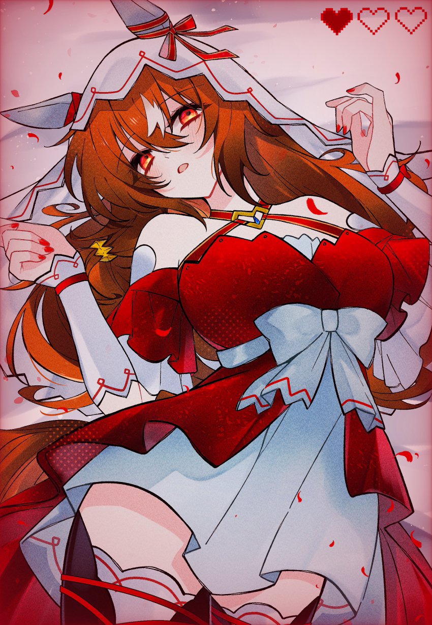 1girl absurdres animal_ears bare_shoulders bow brown_hair commentary_request dress ear_covers gatona halterneck health_bar heart heart_o-ring highres horse_ears horse_girl horse_tail long_hair looking_at_viewer lying multicolored_hair nail_polish o-ring on_back open_mouth petals red_dress red_eyes red_nails red_petals solo still_in_love_(scarlet_vow_raiment)_(umamusume) still_in_love_(umamusume) streaked_hair tail thighs umamusume veil waist_bow white_bow white_streaks white_veil