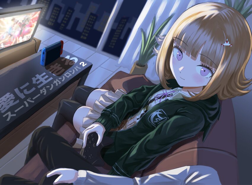 1girl blunt_bangs breasts brown_hair collared_shirt commentary_request controller couch danganronpa_(series) danganronpa_2:_goodbye_despair flipped_hair game_controller hair_ornament highres holding holding_controller holding_game_controller hood indoors jacket kurorami long_sleeves looking_at_viewer medium_hair nanami_chiaki neck_ribbon nintendo_switch open_clothes open_jacket pink_eyes pink_ribbon plant potted_plant revision ribbon shirt skirt smile solo_focus table television thighhighs thighs translation_request white_shirt window