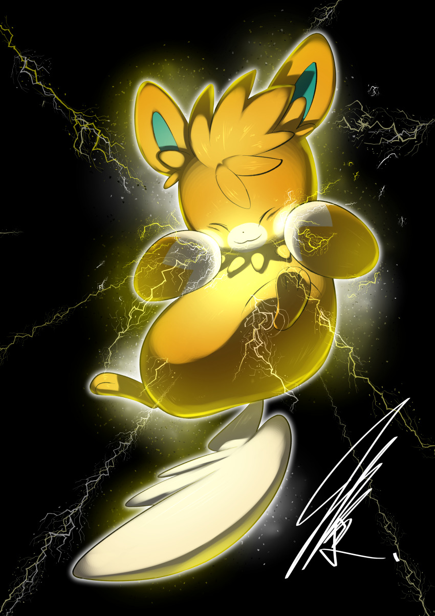 absurdres aura black_background closed_eyes closed_mouth electricity full_body glowing hands_on_own_cheeks hands_on_own_face highres light_particles mitsukuma448 nintendo no_humans pawmot pokemon pokemon_(creature) signature simple_background smile solo sparks yellow_fur