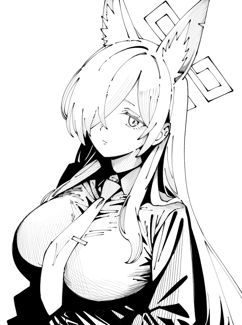 1girl animal_ear_fluff animal_ears blue_archive breasts closed_mouth collared_shirt commentary_request dog_ears dog_girl expressionless hair_over_one_eye halo highres kani_ka_nanika kanna_(blue_archive) large_breasts long_bangs long_hair long_sleeves necktie shirt solo tie_clip very_long_hair