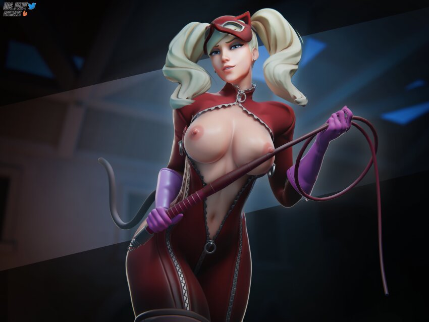 1girl 3d absurdres alternate_costume blender_(medium) blonde_hair blurry blurry_background bodysuit boots breasts cat_mask cat_tail cleavage cowboy_shot double_side_ponytail earrings fox_mask full-length_zipper gloves has_feldt highres holding holding_whip huge_breasts jewelry long_hair looking_at_viewer mask mask_on_head mercy_(overwatch) navel nipple_stimulation nipples official_alternate_costume overwatch partially_unzipped pink_gloves pink_lips red_bodysuit stud_earrings tail takamaki_anne twitter_username unzipped whip zipper