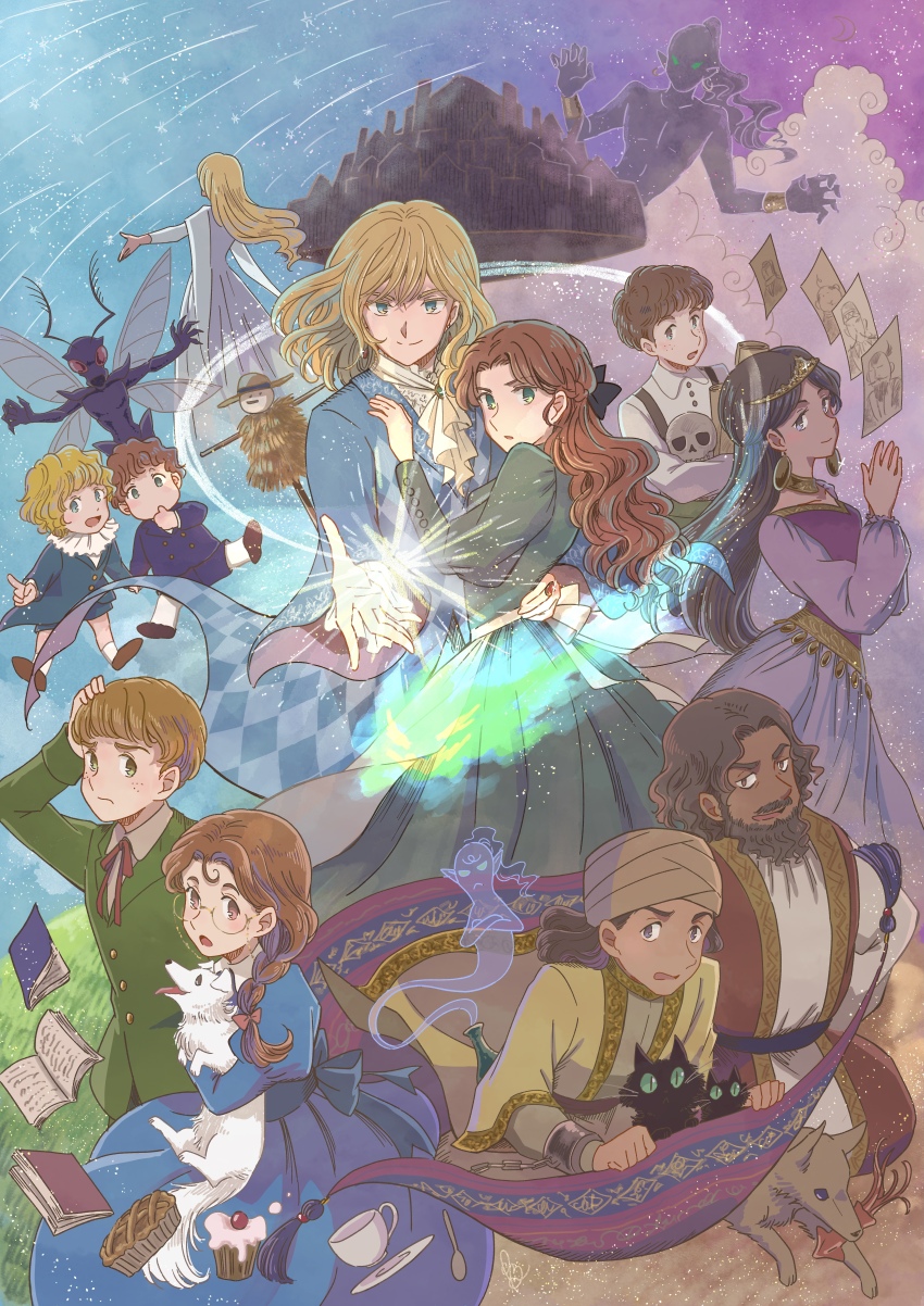 absurdres animal black_cat blonde_hair blue_eyes book calcifer castle castle_in_the_air cat cup cupcake dog floating floating_book floating_object flower-in-the-night food genie green_eyes highres holding holding_animal holding_dog house_of_many_ways howl's_moving_castle_(novel) howl_pendragon magic magic_carpet markl morgan_pendragon paper pie purpleboots red_hair scarecrow skull sophie_hatter_(howl_no_ugoku_shiro) teacup twinkle_(house_of_many_ways) victorian waif_(house_of_many_ways)