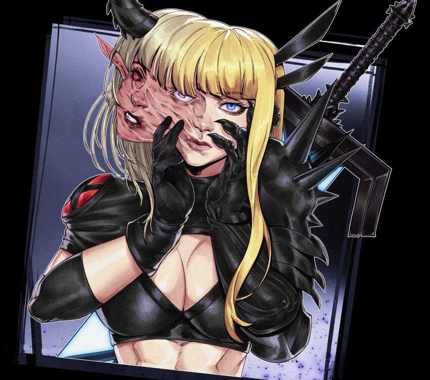 1girl abs absurdres az_ciam blonde_hair body_horror breasts cleavage_cutout clothing_cutout darkchylde elbow_spikes extra_eyes extra_faces hands_on_own_face highres huge_weapon kawakami_tomie large_breasts lips looking_at_viewer magik_(x-men) marvel pauldrons spiked_pauldrons spikes sword tomie toned toned_female upper_body weapon
