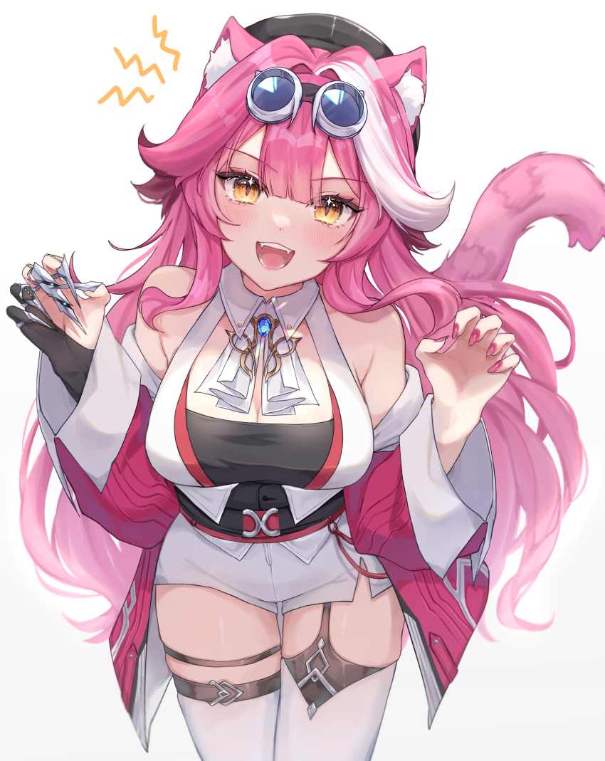 1girl absurdres animal_ear_fluff animal_ears ascot blush breasts cherriuna claw_pose cleavage commentary detached_sleeves goggles highres hololive hololive_english large_breasts long_hair looking_at_viewer multicolored_hair open_mouth panther_ears panther_girl panther_tail pink_hair raora_panthera raora_panthera_(1st_costume) revision smile solo streaked_hair tail virtual_youtuber white_ascot yellow_eyes
