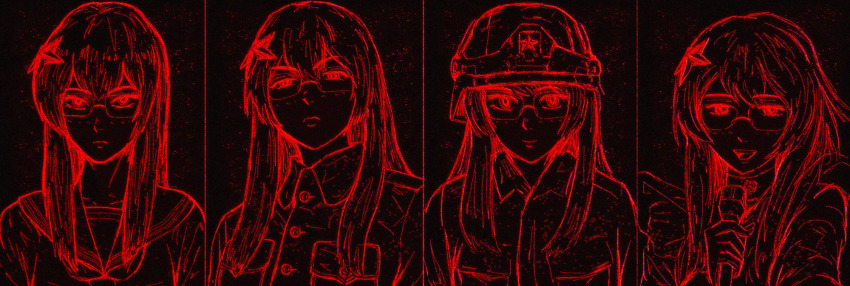 1girl artificial_intelligence bad_link breast_pocket breasts hair_ornament hearts_of_iron helmet highres holding holding_microphone iaart1 long_hair long_sleeves looking_ahead medium_breasts microphone monochrome multiple_expressions music narrowed_eyes necktie open_mouth pocket red_eyes school_uniform serious singing smile soource:file_provided_by_artist star_(symbol) star_hair_ornament the_fire_rises the_long_march_(tfr) tongue