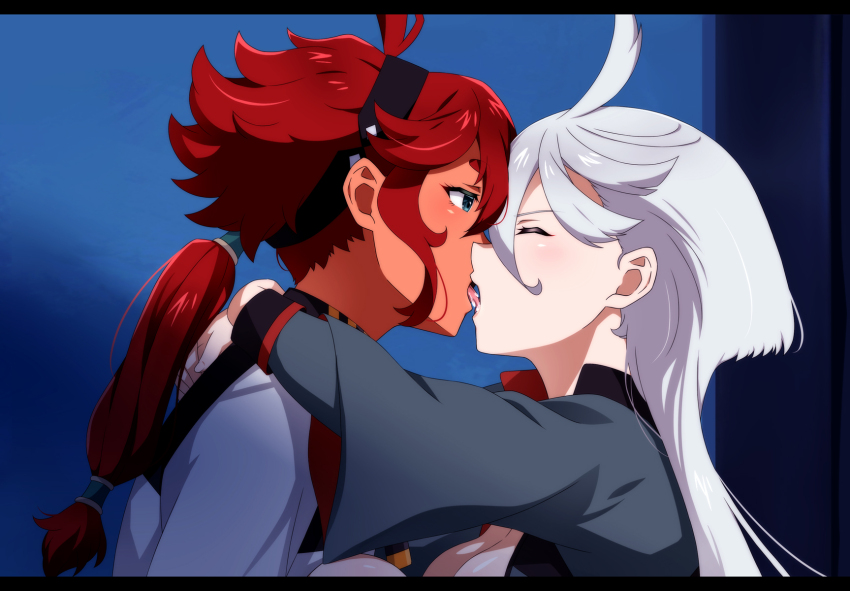 2girls asticassia_school_uniform black_hairband closed_eyes commentary french_kiss green_jacket gundam gundam_suisei_no_majo hairband highres jacket kimaguro_box kiss letterboxed long_hair miorine_rembran multiple_girls ponytail red_hair school_uniform suletta_mercury white_hair white_jacket yuri