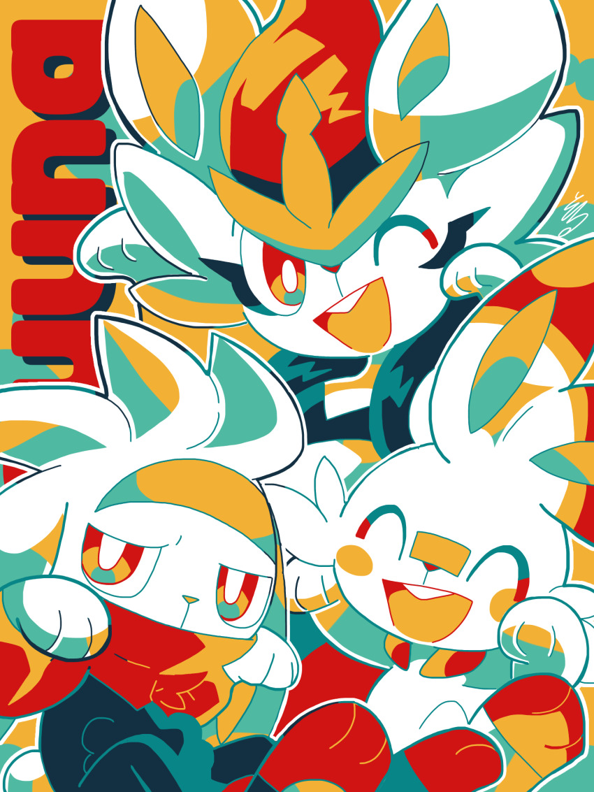 ;d blush blush_stickers cinderace closed_eyes commentary_request evolutionary_line gen_8_pokemon highres limited_palette nintendo one_eye_closed open_mouth outline paw_pose pokemon pokemon_(creature) pokemon_focus raboot scorbunny smile sowao. teeth upper_teeth_only white_outline