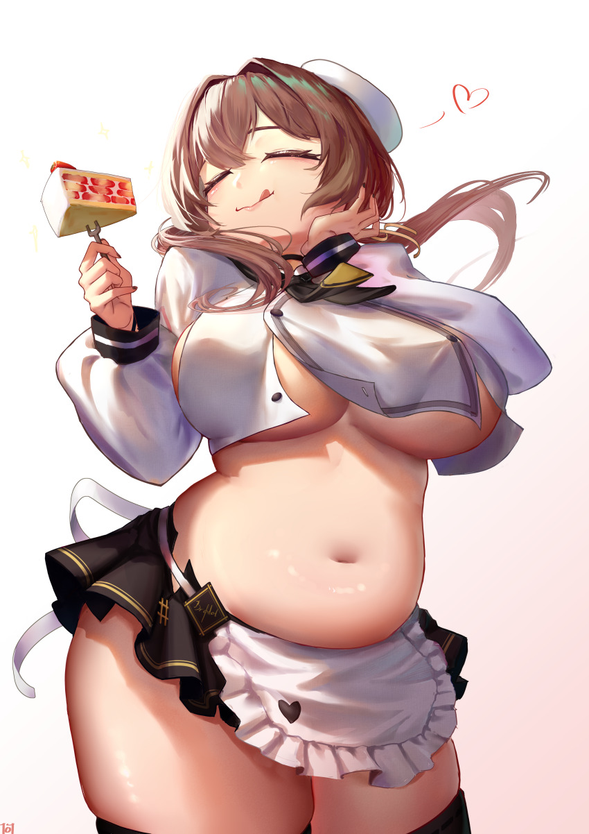 1girl :q absurdres andre_joy belly black_skirt blush bready_(nikke) breasts brown_hair cake cake_slice closed_eyes commentary curvy english_commentary eyelashes food fork fruit goddess_of_victory:_nikke hair_intakes hand_on_own_face hat heart highres holding holding_fork huge_breasts long_hair long_sleeves navel plump shirt simple_background skirt smile spoken_heart stomach strawberry strawberry_cake thick_thighs thighs tongue tongue_out twintails underboob white_background white_hat white_shirt