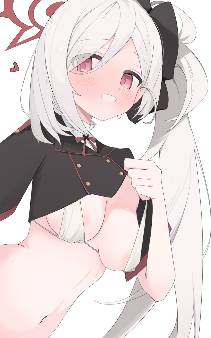 1girl absurdres alternate_breast_size_(larger) areola_slip blue_archive blush breasts chinese_commentary commentary_request gu_meng_yin halo highres long_hair medium_breasts mutsuki_(blue_archive) side_ponytail simple_background solo variant_set white_background