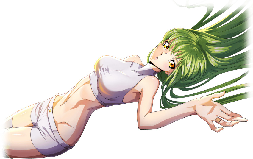 1girl bare_shoulders breasts c.c. code_geass code_geass:_lost_stories f4samurai game_cg green_hair highres long_hair long_sleeves looking_at_viewer medium_breasts official_art orange_sky shirt sky solo sports_bra thighhighs white_shirt white_thighhighs yellow_eyes