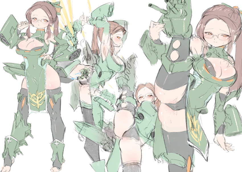 1girl arm_armor armpits arms_up bare_shoulders black_thighhighs blush breasts brown_hair cleavage commentary_request covered_groin covered_navel dress glasses green_dress groin gundam hair_ornament highres large_breasts leg_up leggings leotard logo long_hair long_sidelocks mobile_suit_gundam multiple_views musai orange_eyes personification ponytail round_eyewear science_fiction sidelocks simple_background sketch split standing standing_front_split standing_on_one_leg standing_split stirrup_legwear sweat thighhighs toeless_legwear torn_clothes torn_leggings weapon white_background yazawa_owl yoga zeon