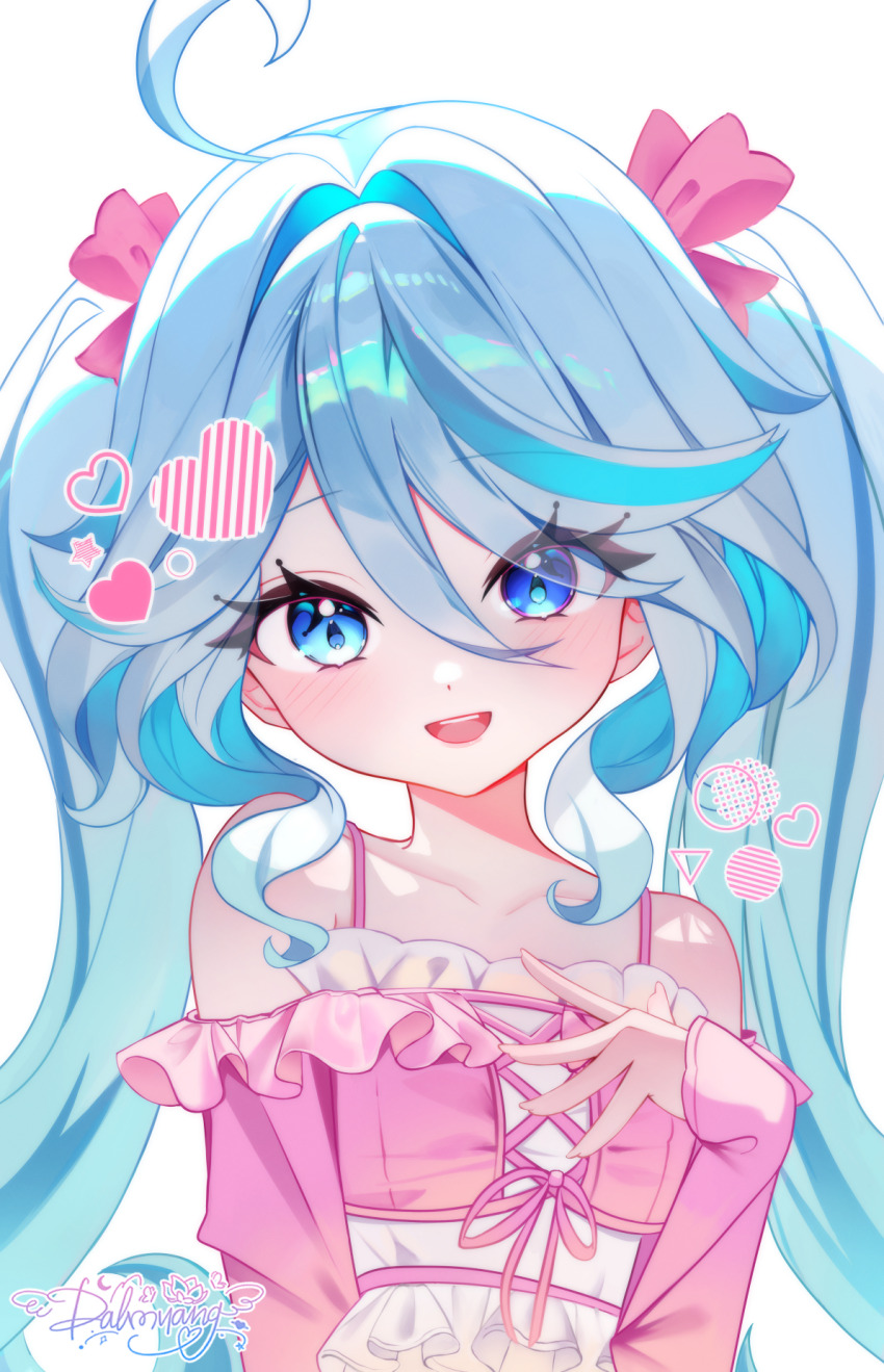 1girl :d alternate_hairstyle bare_shoulders blue_eyes blue_pupils blue_streaks blush collarbone commentary dalmyang drop-shaped_pupils furina_(genshin_impact) genshin_impact hair_between_eyes hand_up heterochromia highres long_hair long_sleeves looking_at_viewer multicolored_hair open_mouth signature simple_background smile solo streaked_hair symbol-shaped_pupils teeth twintails upper_teeth_only very_long_hair white_background white_hair