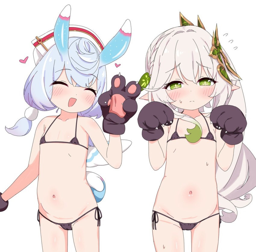 2girls animal_hands azbchan1221 bikini black_bikini blue_hair blush closed_eyes flat_chest genshin_impact gloves green_eyes hair_ornament loli long_hair micro_bikini multiple_girls nahida_(genshin_impact) navel paw_gloves pointy_ears side-tie_bikini_bottom side_ponytail sigewinne_(genshin_impact) simple_background swimsuit white_background white_hair