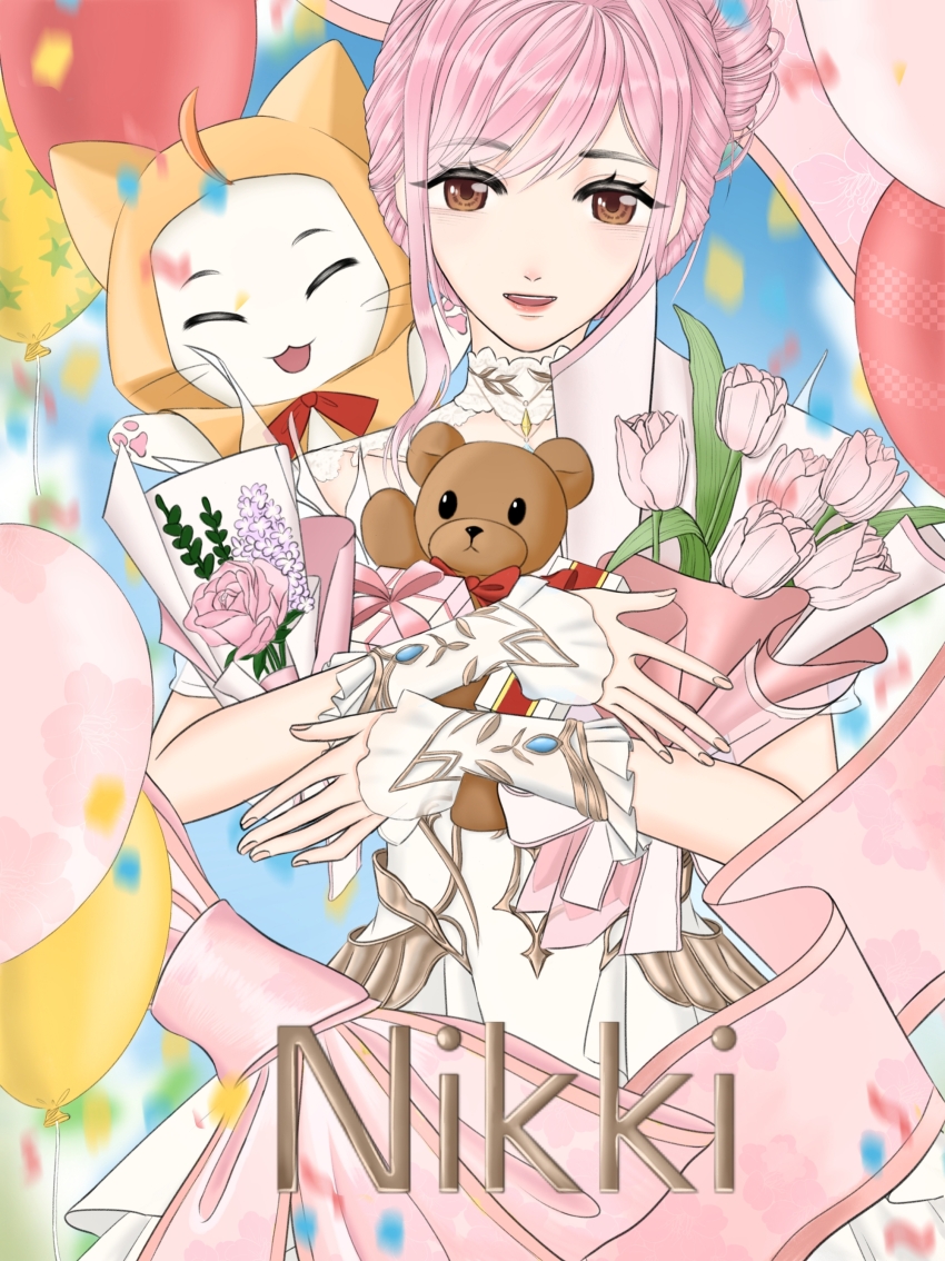 1girl ^_^ absurdres animal animal_on_shoulder anime_coloring balloon banner birthday blue_sky bouquet bow bowtie brown_eyes cat character_name chuangjian_wenjian_jia cloak closed_eyes clothed_animal cloud collar confetti cowboy_shot day detached_collar dress ear_covers eyelashes fingernails flower frilled_arm_warmers gift hair_bun happy highres holding holding_bouquet holding_gift hood hood_up hooded_cloak infinity_nikki lace_collar lavender_(flower) lipstick looking_at_viewer makeup melody_bloom_(infinity_nikki) momo_(nikki) nikki_(nikki) nikki_(series) nostrils off-shoulder_dress off_shoulder open_mouth outdoors pawpads pink_flower pink_hair pink_lips pleated_dress purple_flower red_bow red_bowtie short_hair_with_long_locks short_sleeves sidelocks single_hair_bun sky smile stuffed_animal stuffed_toy swept_bangs teddy_bear teeth tulip updo upper_teeth_only white_arm_warmers white_cat white_collar white_dress yellow_cloak