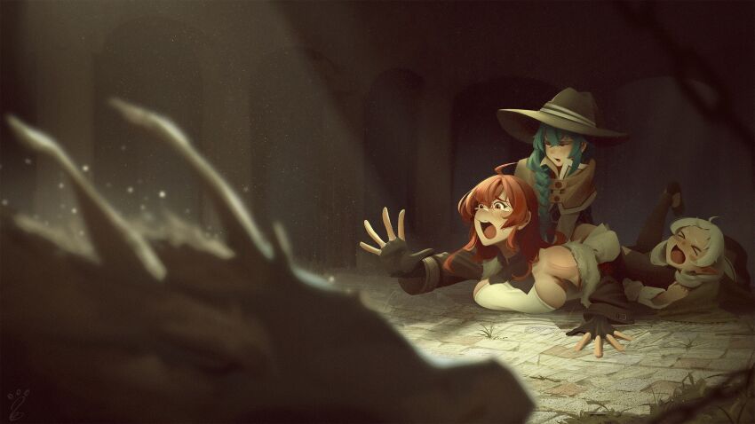 3girls ahoge arm_support blue_hair blurry blurry_foreground blush braid breasts closed_eyes commentary commission dragon elf english_commentary eris_greyrat fingerless_gloves gloves hat highres jacket large_breasts large_hat long_braid long_hair lying multiple_girls mushoku_tensei on_stomach open_mouth pointy_ears red_eyes red_hair roxy_migurdia short_hair sitting sitting_on_person sushoartworks sylphiette_(mushoku_tensei) thick_eyebrows white_hair white_jacket witch_hat