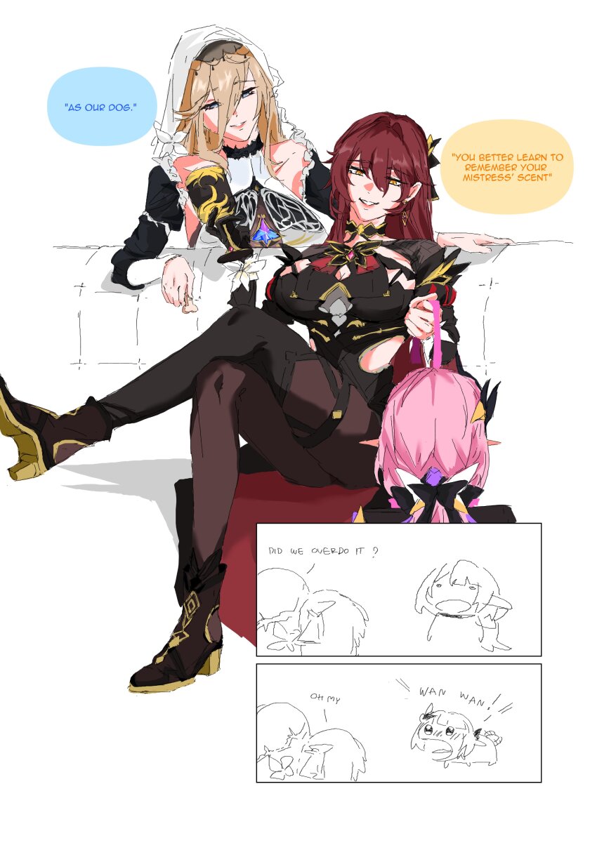 3girls absurdres aponia black_dress black_pantyhose blonde_hair blue_eyes breasts commentary crossed_legs dress eden_(honkai_impact) elf elysia_(honkai_impact) elysia_(miss_pink_elf)_(honkai_impact) english_text highres holding holding_leash honkai_(series) honkai_impact_3rd implied_yuri large_breasts leash long_hair multiple_girls nun pantyhose pink_hair pink_leash pointy_ears sitting speech_bubble symbol-only_commentary veil very_long_hair white_veil yaro_yk yellow_eyes