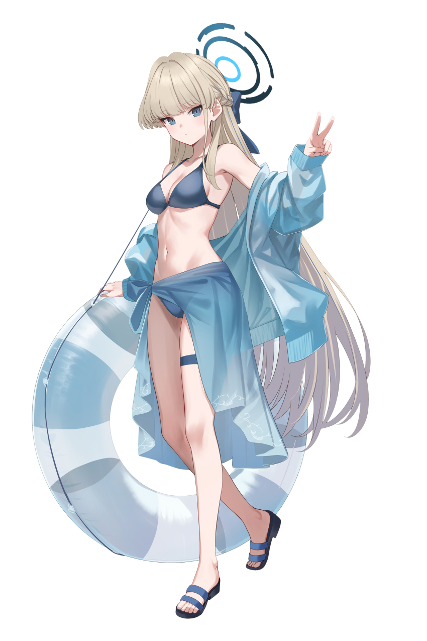 1girl bikini blonde_hair blue_archive blue_bikini blue_bow blue_eyes blue_jacket blue_sarong bow braid breasts crown_braid hair_bow halo innertube jacket koisuke long_hair medium_breasts navel off-shoulder_jacket off_shoulder open_clothes open_jacket sandals sarong solo standing swim_ring swimsuit thigh_strap toki_(blue_archive) v white_background