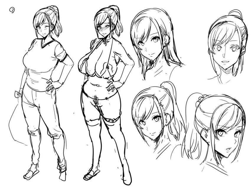 1girl azuma_hisato bikini blush breasts clothes_on_and_off cropped_head cropped_shoulders embarrassed full_body greyscale hand_on_own_hip himawari_wa_yoru_ni_saku large_breasts legs_apart looking_at_viewer micro_bikini monochrome multiple_expressions multiple_views nervous_smile one_eye_closed pants ponytail reference_sheet short_hair sidelocks sketch smile standing swept_bangs swimsuit takeda_hiromitsu thighhighs white_background wink