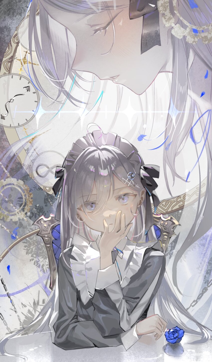 1girl apron black_ribbon blue_flower blue_rose clock flower frilled_apron frilled_headband frills grey_eyes grey_hair hair_ornament hand_on_own_face highres lomelody1 long_hair looking_at_viewer maid maid_apron maid_headdress ribbon rose shibou_yuugi_de_meshi_wo_kuu. sitting_on_throne solo table throne very_long_hair yuuki_(shibou_yuugi)