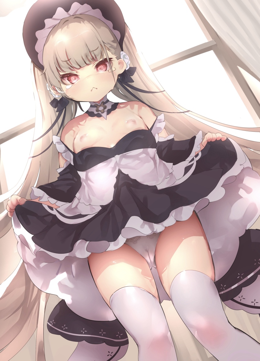 1girl absurdres azur_lane bare_shoulders black_dress blonde_hair bonnet breasts cameltoe clothes_lift comiket_107 commentary_request dress formidable_(azur_lane) highres indoors lifting_own_clothes little_formidable_(azur_lane) loli long_hair nipples panties red_eyes small_breasts solo thighhighs twintails two-tone_dress underwear ushiro_muki white_panties white_thighhighs