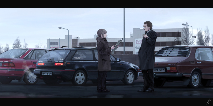 1boy 1girl black_coat black_pants black_shoes blue_sky brown_coat brown_hair car chinese_commentary cloud cloudy_sky coat commentary_request day duffel_coat finland finnish_commentary glasses highres holding holding_newspaper lamppost letterboxed license_plate long_hair long_sleeves looking_at_another mixed-language_commentary motor_vehicle newspaper original outdoors pants parking_lot pointing ponytail revision rudeko32 saab saab_99 scenery shoes short_hair short_ponytail sky standing talking toyota toyota_carina volvo volvo_480