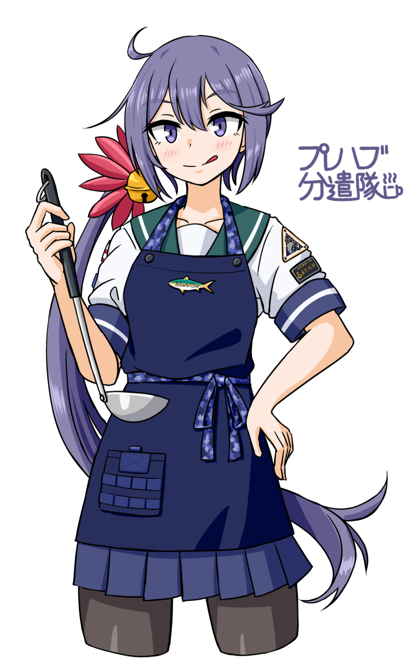 1girl ahoge akebono_(kancolle) apron artist_name bad_tag badge bell black_pantyhose blue_apron blue_sailor_collar blue_skirt commentary flower hair_bell hair_flower hair_ornament hand_on_own_hip highres jingle_bell kantai_collection pantyhose pleated_skirt purple_eyes purple_hair sailor_collar sailor_shirt samusara shirt side_ponytail skirt solo symbol-only_commentary tongue tongue_out white_shirt