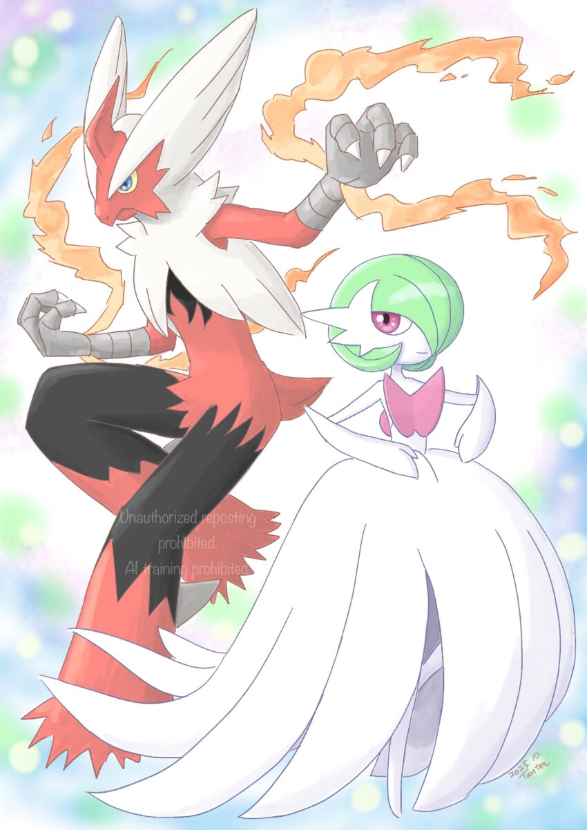 1boy 1girl animal_hands arm_up artist_name bare_shoulders beak bird_boy bird_tail black_fur blaziken blue_eyes bob_cut body_fur claws closed_mouth colored_sclera colored_skin dated dress elbow_gloves fire flat_chest full_body furry furry_male gardevoir gen_3_pokemon gloves green_hair hair_over_one_eye hand_up happy highres leg_up long_dress looking_afar looking_at_viewer mega_blaziken mega_gardevoir mega_pokemon multicolored_fur nintendo no_feet one_eye_covered pokemon pokemon_(creature) red_eyes red_fur short_hair short_tail signature smile standing standing_on_one_leg strapless strapless_dress tail tantan_(tan_room87) watermark white_dress white_fur white_gloves white_skin yellow_sclera