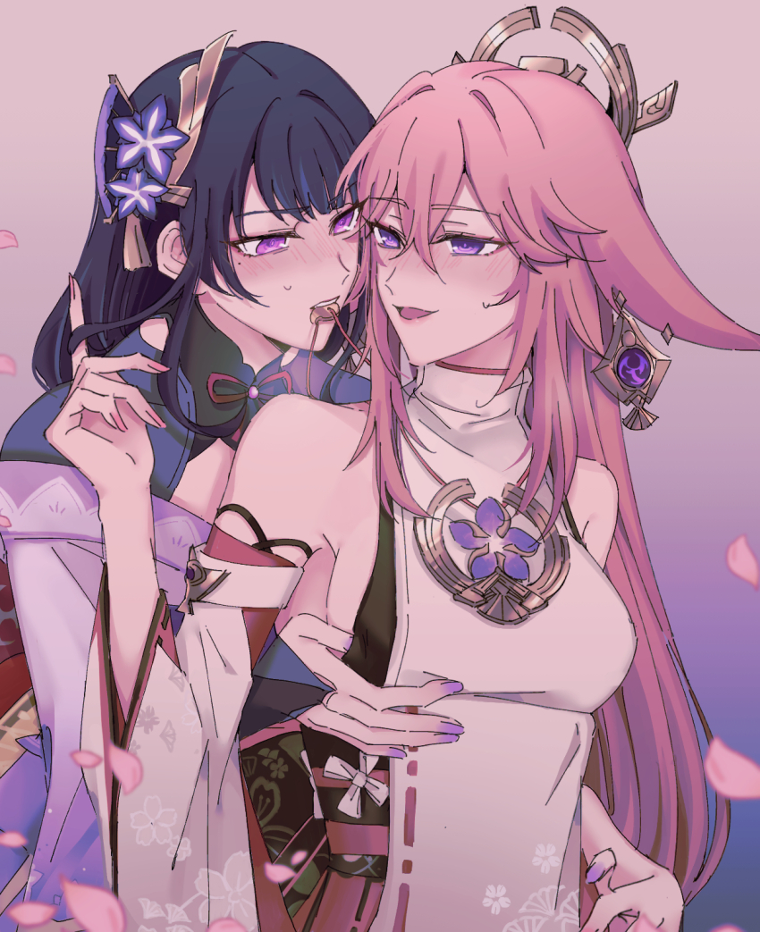 2girls animal_ear_piercing animal_ears bare_shoulders blunt_bangs blush breasts bridal_gauntlets commentary couple detached_sleeves fan_hair_ornament fox_ears fox_girl genshin_impact grabbing_another's_breast grabbing_from_behind gradient_background groping hair_between_eyes hair_ornament happy head_tilt headpiece highres japanese_clothes jewelry kimono large_breasts leaning_forward long_hair long_sleeves looking_at_another looking_down looking_to_the_side mirukupowda mole mole_under_mouth mouth_hold multiple_girls neck_ribbon nose_blush off_shoulder open_mouth pendant pink_hair purple_eyes purple_hair purple_kimono purple_nails raiden_shogun red_ribbon ribbon ribbon_in_mouth sideboob standing sweatdrop upper_body wide_sleeves yae_miko yuri