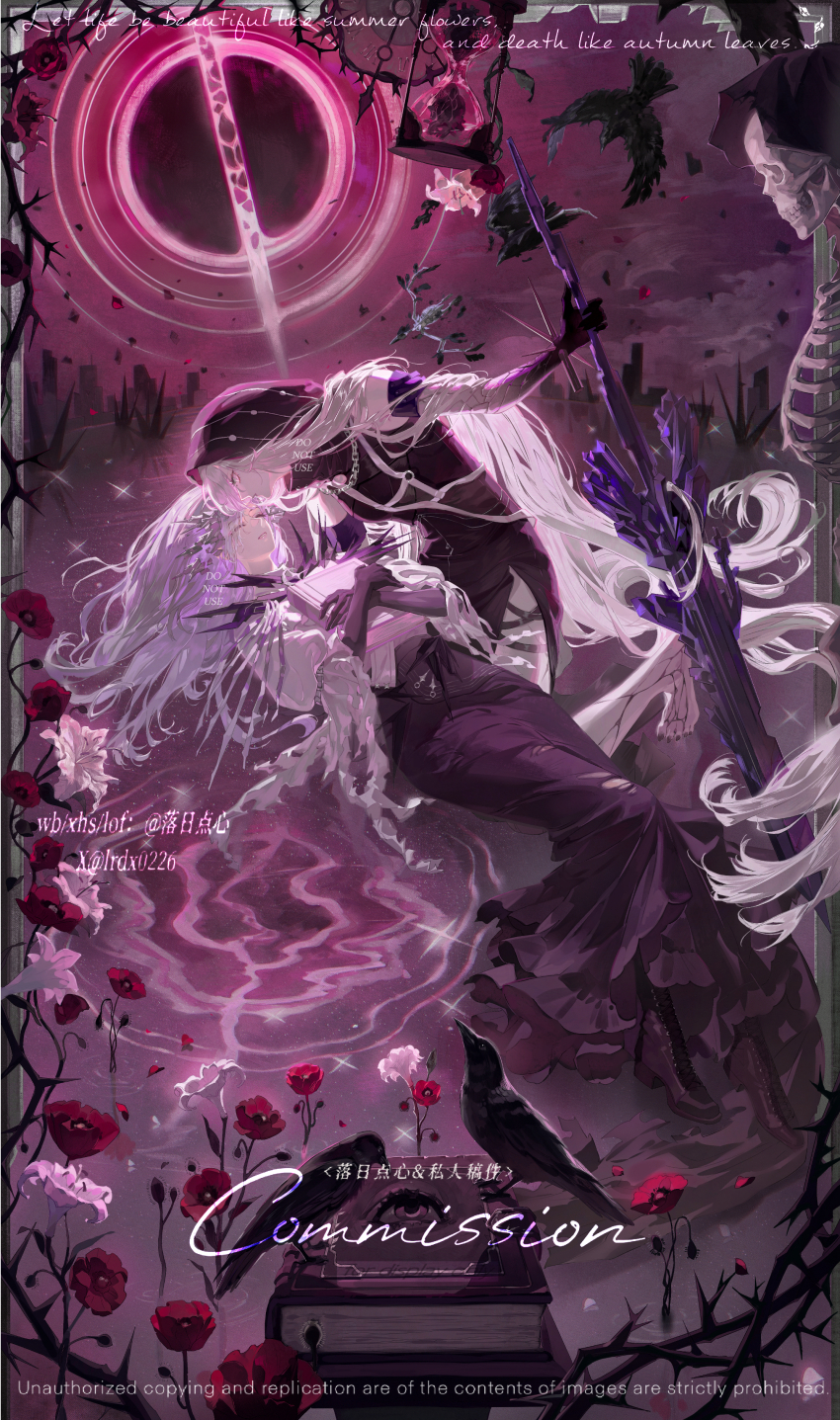 2girls absurdres barefoot bird black_bird black_boots black_dress black_nails black_skirt black_veil book boots chain chain_necklace character_request chinese_commentary closed_eyes cloud colored_extremities commentary_request commission crow dress english_text eyelashes flower from_side highres holding holding_book holding_sword holding_weapon hourglass jewelry lace-up_boots long_hair long_skirt long_sleeves luori_dianxin lying_on_water mole mole_under_eye moon multiple_girls necklace nox_(path_to_nowhere) parted_lips path_to_nowhere pink_flower profile purple_hair red_flower shirt skeleton skirt sky skyline sleeping sparkle sword thorns torn_clothes torn_skirt twitter_username veil very_long_hair watermark weapon white_hair white_shirt yuri