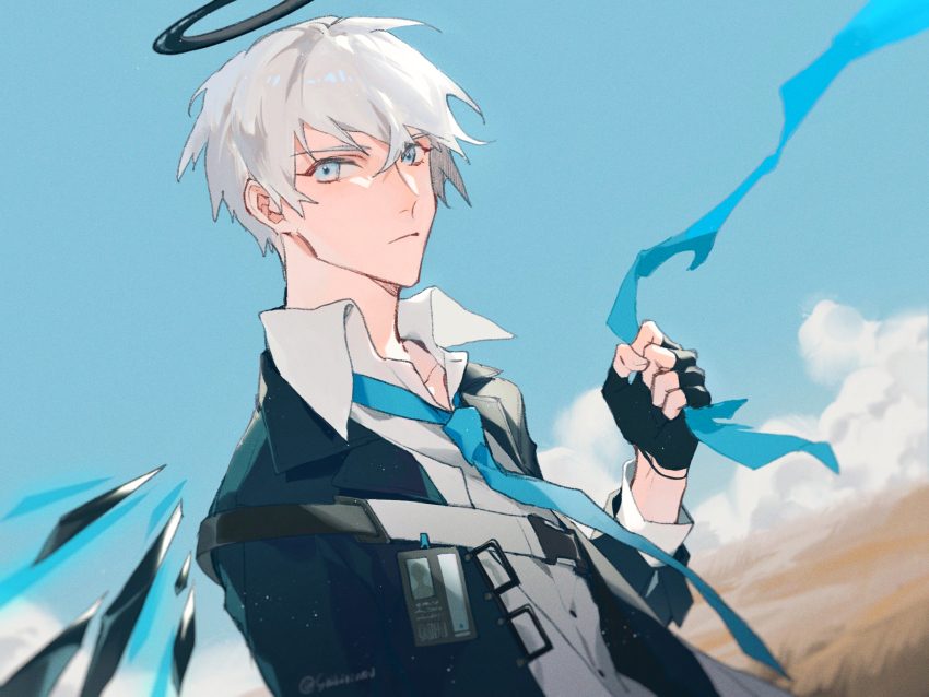 1boy arknights bishounen black_gloves black_jacket blue_eyes blue_necktie blue_ribbon blue_sky closed_mouth cloud collared_shirt commentary_request day detached_wings executor_(arknights) fingerless_gloves gloves hair_between_eyes halo highres holding holding_ribbon id_card jacket long_sleeves looking_at_viewer male_focus mechanical_halo necktie outdoors ribbon shikiri shirt short_hair sky solo twitter_username upper_body white_hair white_shirt wings