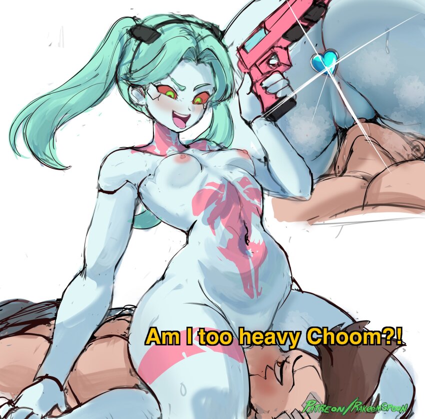 1boy 1girl aqua_hair ass breasts brown_hair butt_plug colored_sclera commentary cunnilingus cyberpunk:_edgerunners cyberpunk_(series) david_martinez english_commentary english_text green_eyes gun heart hetero highres holding holding_gun holding_weapon jewel_butt_plug long_hair multiple_views navel nipples nude open_mouth oral patreon_username pussy_juice rakeemspoon rebecca_(cyberpunk) red_pupils red_sclera sex_toy simple_background sitting sitting_on_face sitting_on_person sketch small_breasts steaming_body subtitled teeth tongue tongue_out upper_teeth_only weapon white_background
