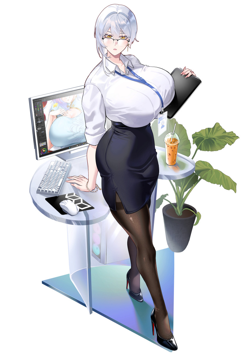 1girl absurdres adobe_photoshop arm_support black_pantyhose black_skirt bracelet breasts cleavage_cutout closed_mouth clothing_cutout collared_shirt commentary_request computer computer_keyboard computer_mouse computer_tower cup desk disposable_cup dress_shirt drinking_straw full_body glasses high_heels highres holding holding_tablet_pc huge_breasts id_card jewelry lanyard large_breasts leaf looking_at_viewer mandarin_collar microsoft_windows mole mole_under_eye monitor mousepad_(object) nyxcisme office_lady original pantyhose pencil_skirt plant potted_plant semi-rimless_eyewear shirt shirt_tucked_in short_hair_with_long_locks simple_background skirt sleeves_rolled_up standing tablet_pc thighband_pantyhose white_background white_hair white_shirt yellow_eyes