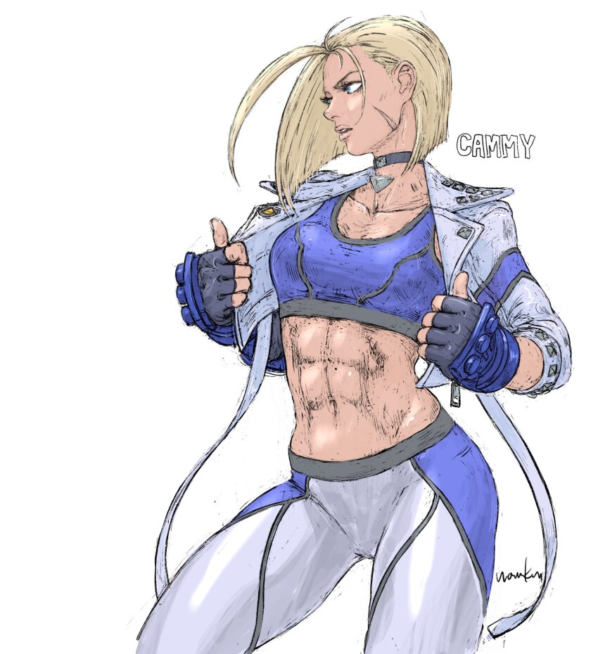 1girl abs alternate_color blonde_hair blue_leggings blue_sports_bra cammy_white capcom character_name cropped_jacket female_focus highres jacket leggings midriff multicolored_leggings muscular muscular_female navel nom1207 scar scar_on_face short_hair solo sports_bra street_fighter street_fighter_6 white_jacket white_leggings