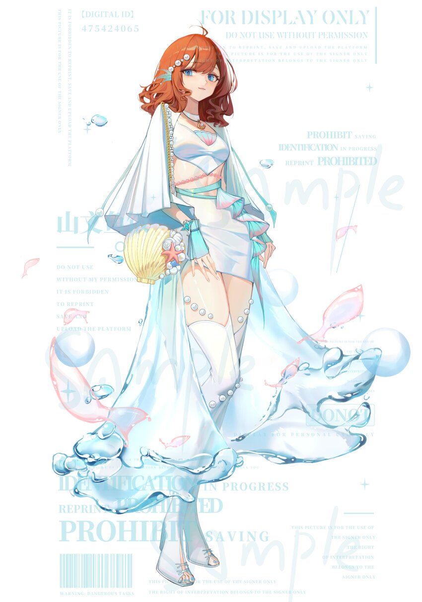 1girl absurdres ahoge aqua_gloves aqua_nails bag barcode beads blue_eyes boots chinese_commentary choker closed_mouth commentary_request commission crop_top eyelashes feather_hair_ornament feathers fingerless_gloves fingernails full_body gloves hair_beads hair_between_eyes hair_ornament hand_on_own_hip hand_on_own_thigh happy highres layered_skirt light_smile lipstick liquid_clothes long_skirt looking_at_viewer makeup medium_hair midriff miniskirt nail_polish navel open-toe_boots orange_hair original pencil_skirt pink_lips print_shirt sample_watermark shanwenyufan shell shell_bag shell_print shirt shoulder_bag showgirl_skirt simple_background skirt skirt_set solo standing tachi-e thigh_boots toenail_polish toenails toes too_many_watermarks water watermark wavy_hair white_background white_boots white_choker white_shirt white_skirt yellow_bag