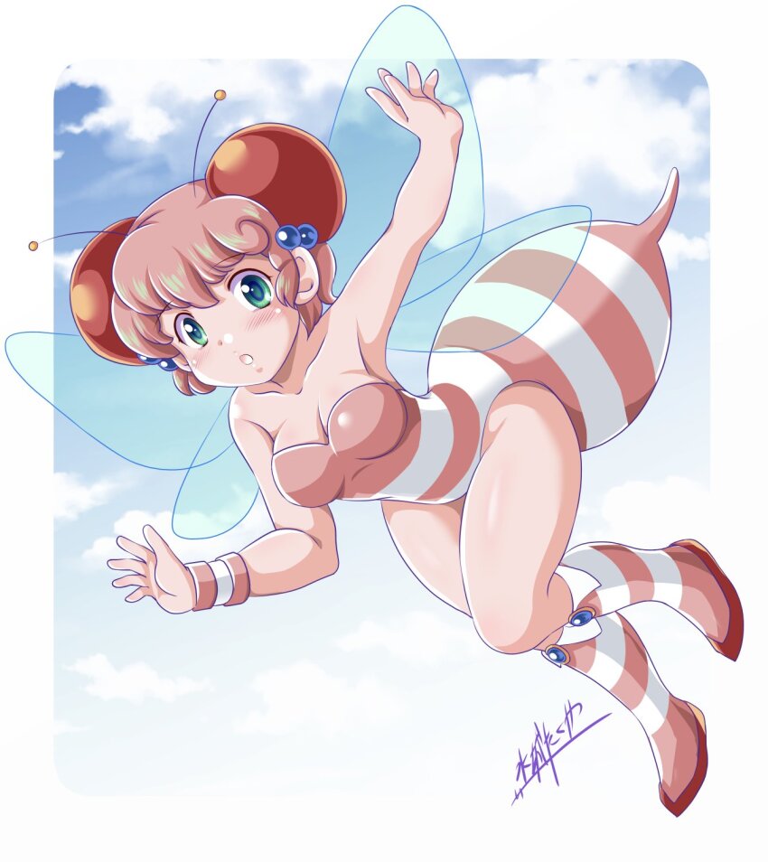 1girl antennae arm_up armpits arthropod_girl bare_shoulders bee_girl blue_sky boots breasts cleavage cloud commentary_request full_body green_eyes hair_bobbles hair_ornament hand_up highres honey_bee_(bug-tte_honey) insect_girl insect_wings leotard looking_at_viewer medium_breasts mizushiro_takuya parted_lips pink_boots pink_hair pink_leotard short_hair signature sky solo stinger strapless strapless_leotard striped_clothes striped_leotard takahashi_meijin_no_bug-tte_honey thighs wings