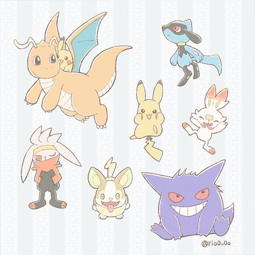 antennae black_hair bright_pupils closed_mouth dragonite fangs full_body furry gen_1_pokemon gen_4_pokemon gen_8_pokemon gengar grin highres looking_up multiple_others nintendo other_focus pikachu pokemon pokemon_(creature) raboot rio_(rio0v0o) riolu scorbunny sidelocks smile standing tongue tongue_out white_pupils wings yamper