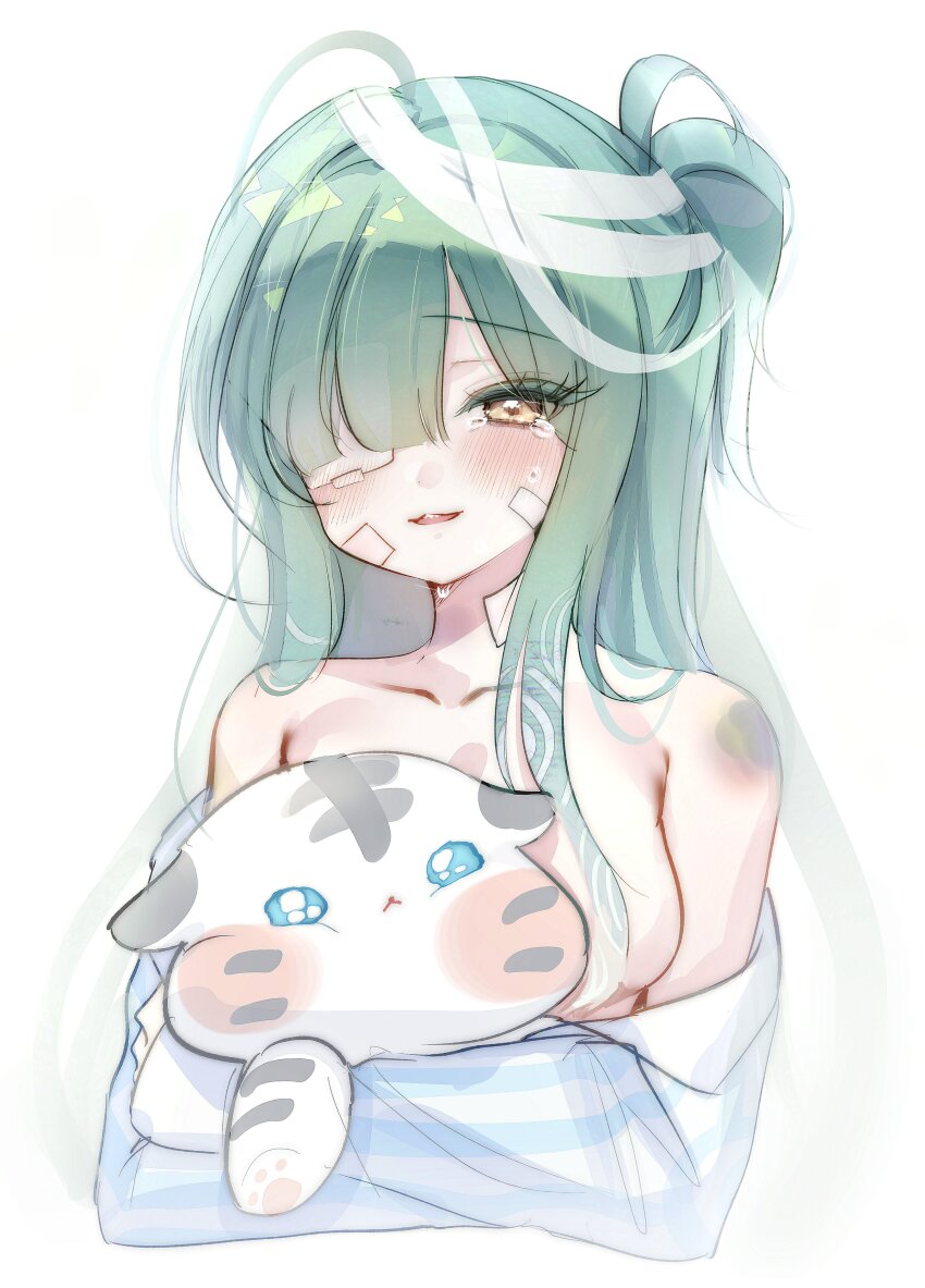 1girl absurdres bandaid bandaid_on_face bare_shoulders blue_shirt blush breasts bruise bruise_on_shoulder character_request convenient_hair copyright_request creature cropped_torso crying crying_with_eyes_open eyepatch green_hair hair_over_breasts hair_over_one_eye highres holding holding_creature injury long_hair looking_at_viewer one_eye_covered open_mouth parted_bangs pprcno shirt shirt_partially_removed simple_background small_breasts smile solo striped_clothes striped_shirt tears white_background yellow_eyes